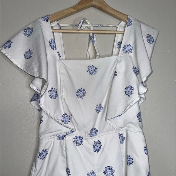 Club Monaco Darmida Floral Romper Ruffle Detail Open Back Size 4 Blue/White - Picture 4 of 11